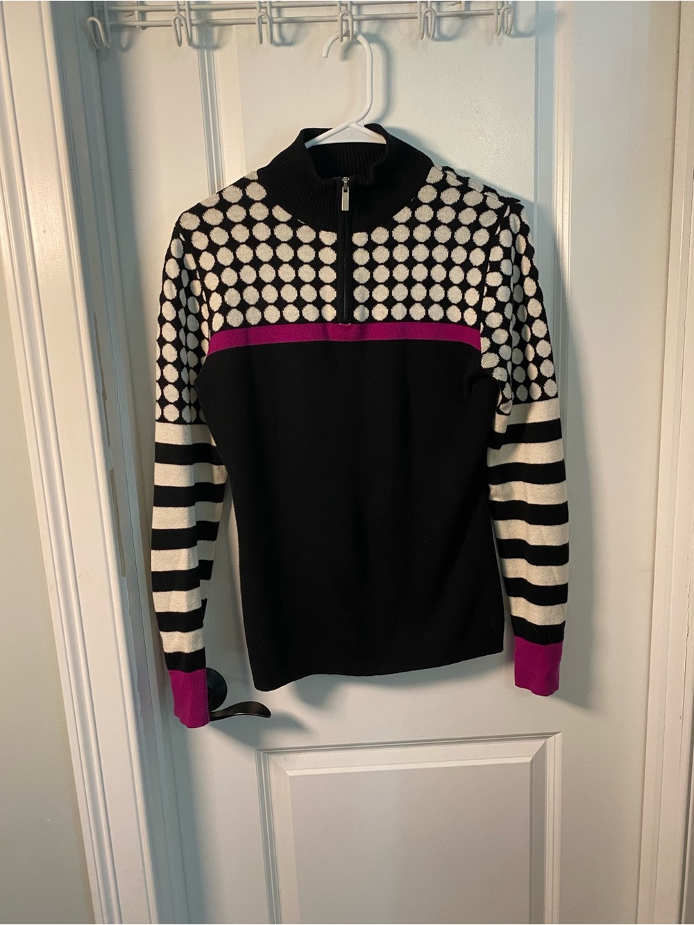 Neve Black, White & Magenta Dot-Stripe Half-Zip Sweater